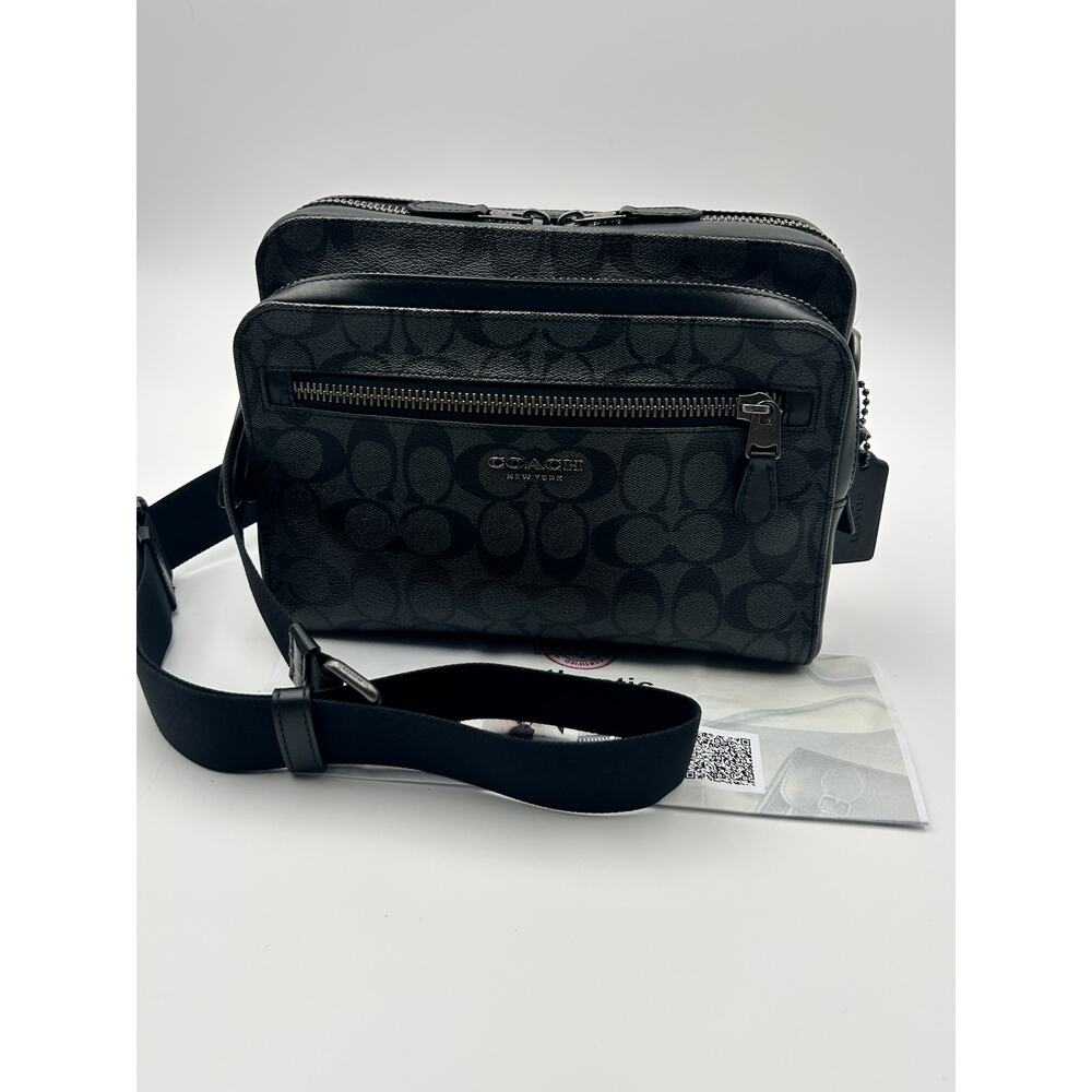 Authentic COACH 91485 West Camera Bag Signature Canvas Charcoal Black Crossbody